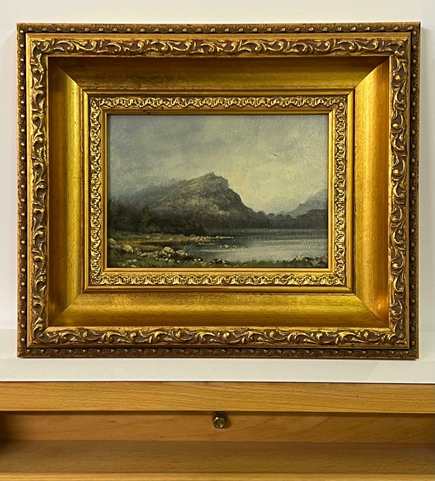 James Wright Painting Of Lake & Mountains In England By 20th Century British Landscape Artist 1980 Circa photo for sale