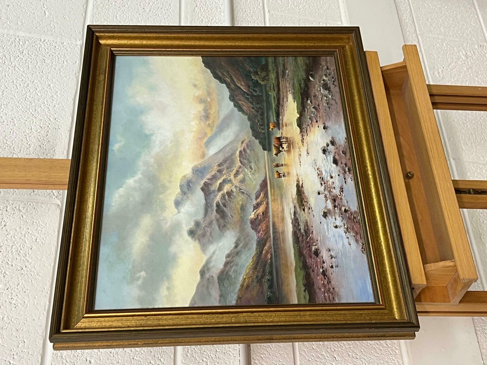 Wendy Reeves Oil Painting Of Highland Cows In Scotland Loch By 20th Century British Artist 1985 Circa photo buy