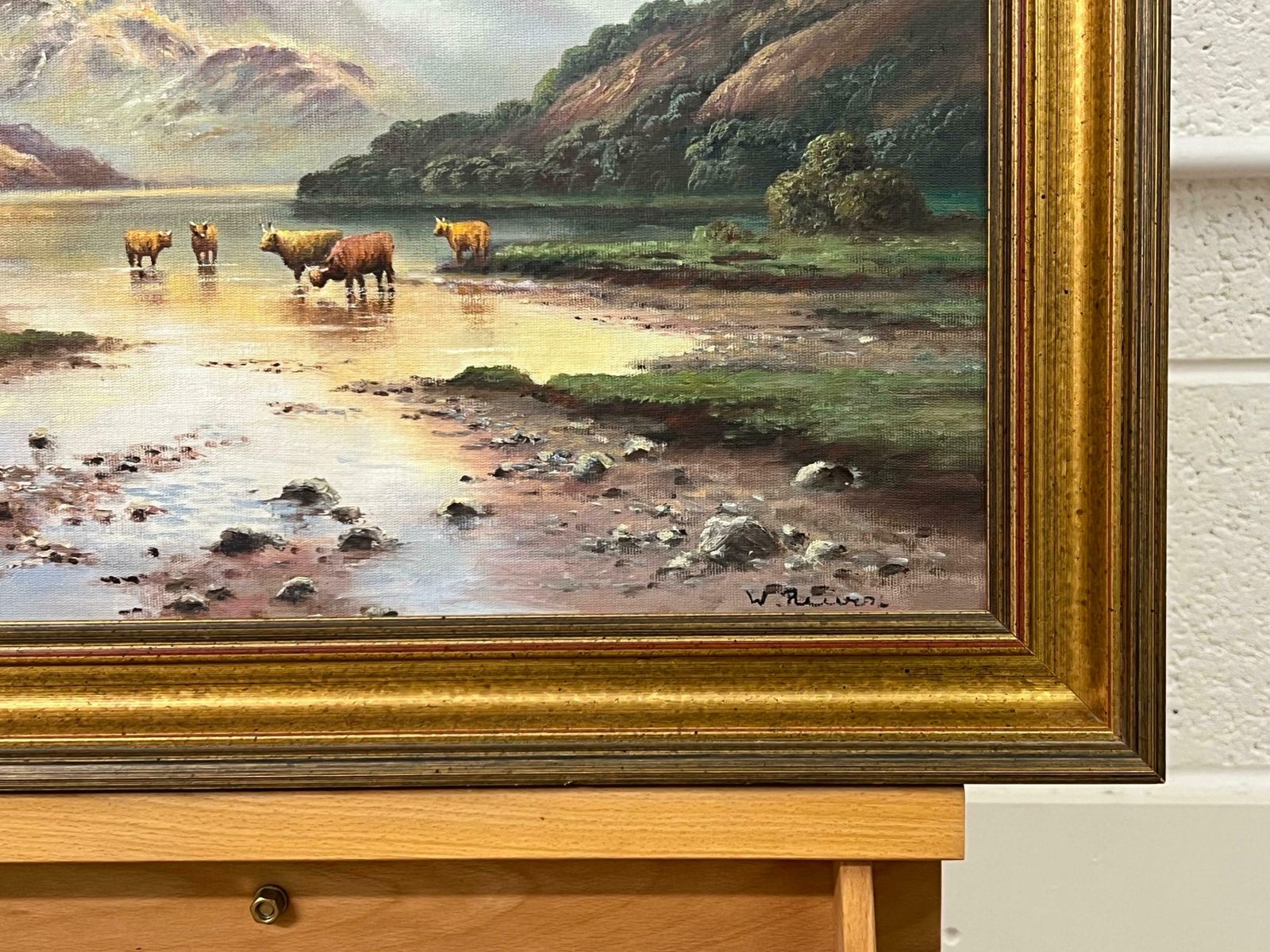 photo for sale Wendy Reeves Oil Painting Of Highland Cows In Scotland Loch By 20th Century British Artist 1985 Circa