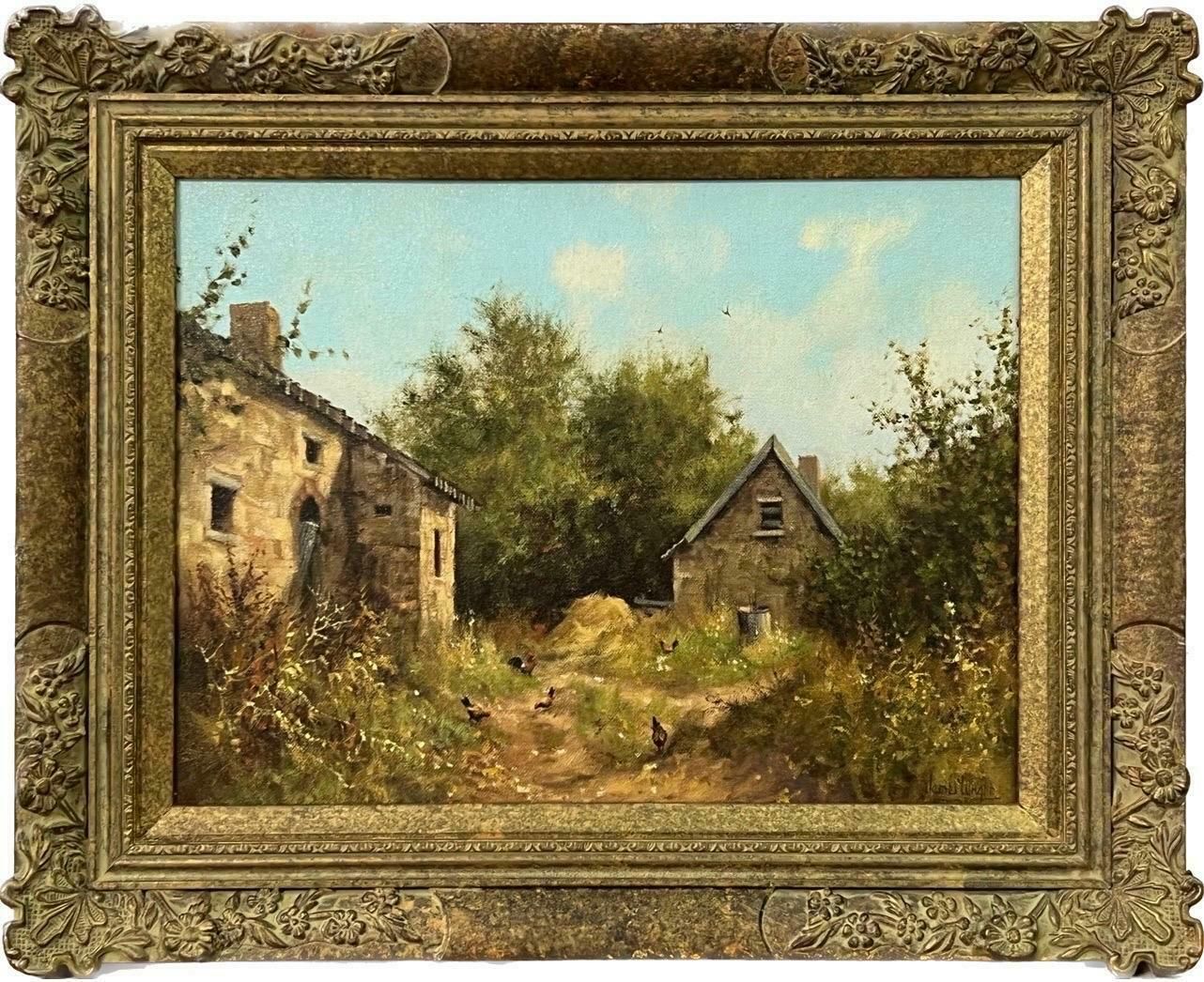 James Wright Rural Farm House Scene With Hens In English Countryside By 20th Century Artist 1985 Circa