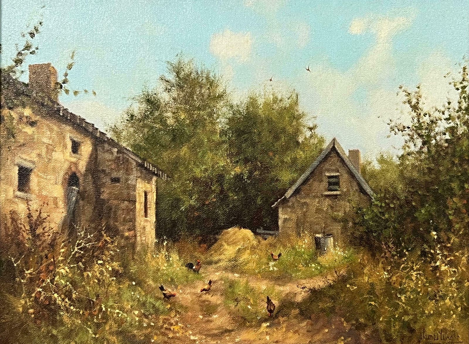 James Wright Rural Farm House Scene With Hens In English Countryside By 20th Century Artist 1985 Circa photo vinterior