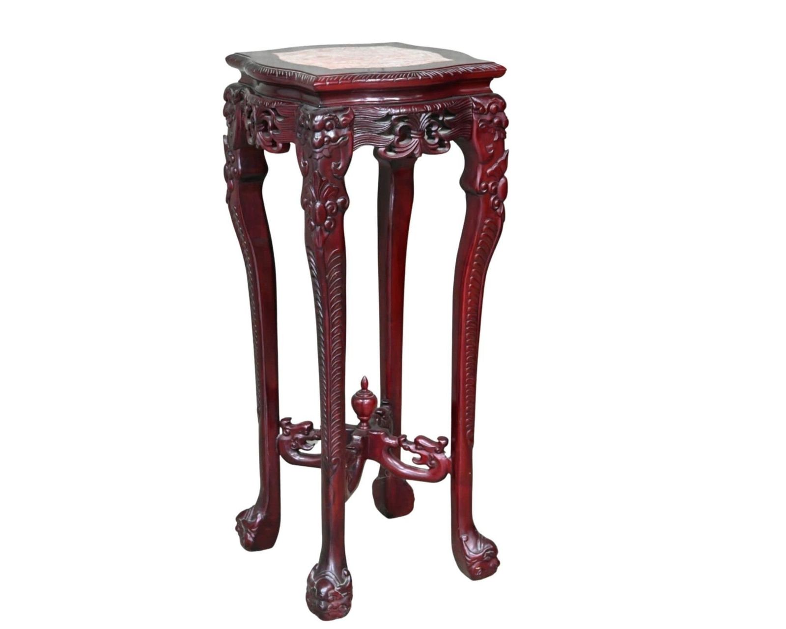 Chinese Pair Plant Stand | 2pcs Pedestal | Red Marble And Lacquer | Carved Wood photo Furniture