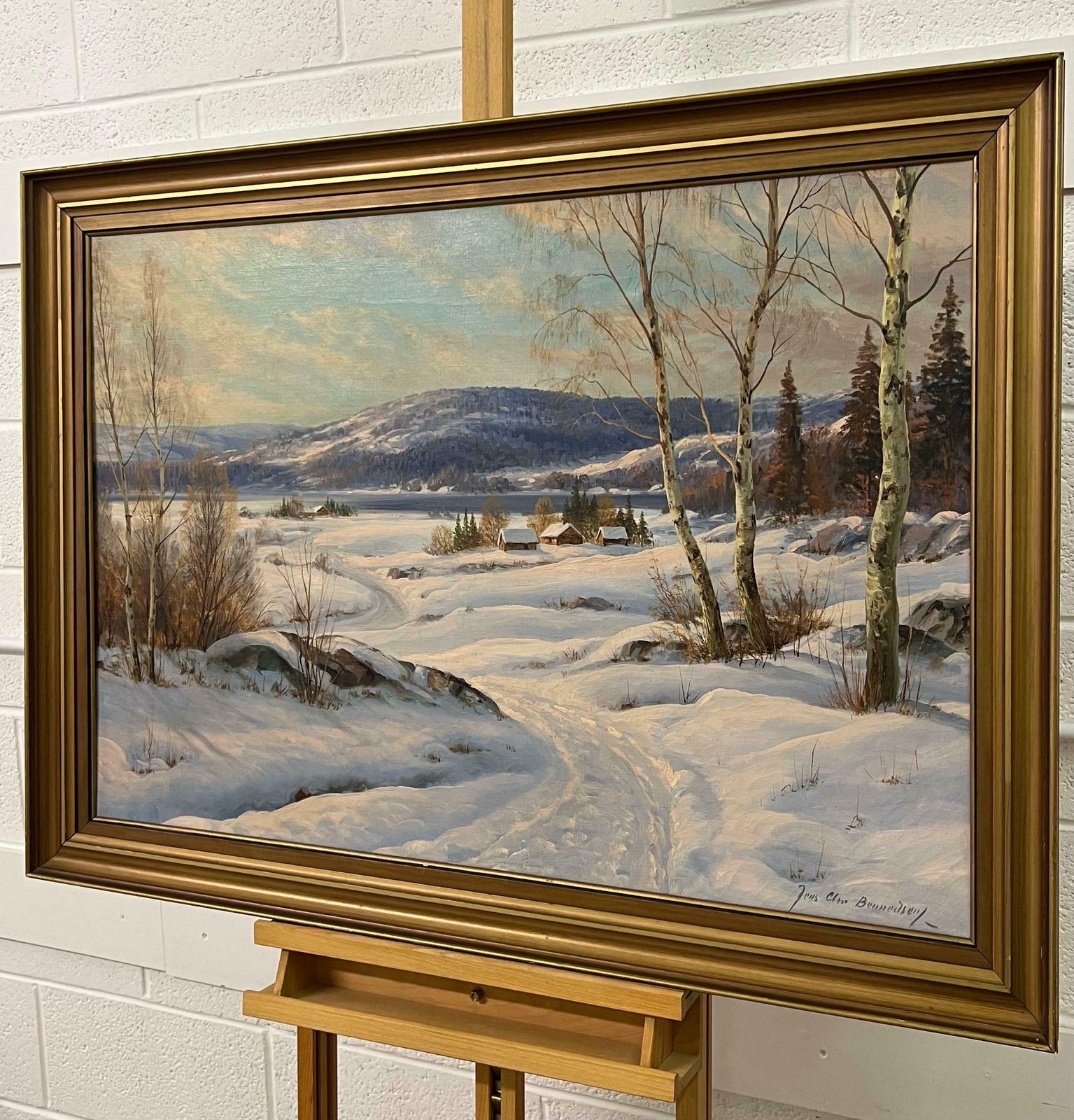 Jens Christian Bennedsen Swedish Hamlet In A Snowy Winter Landscape With Birch Trees By Danish Artist 1950s photo Art