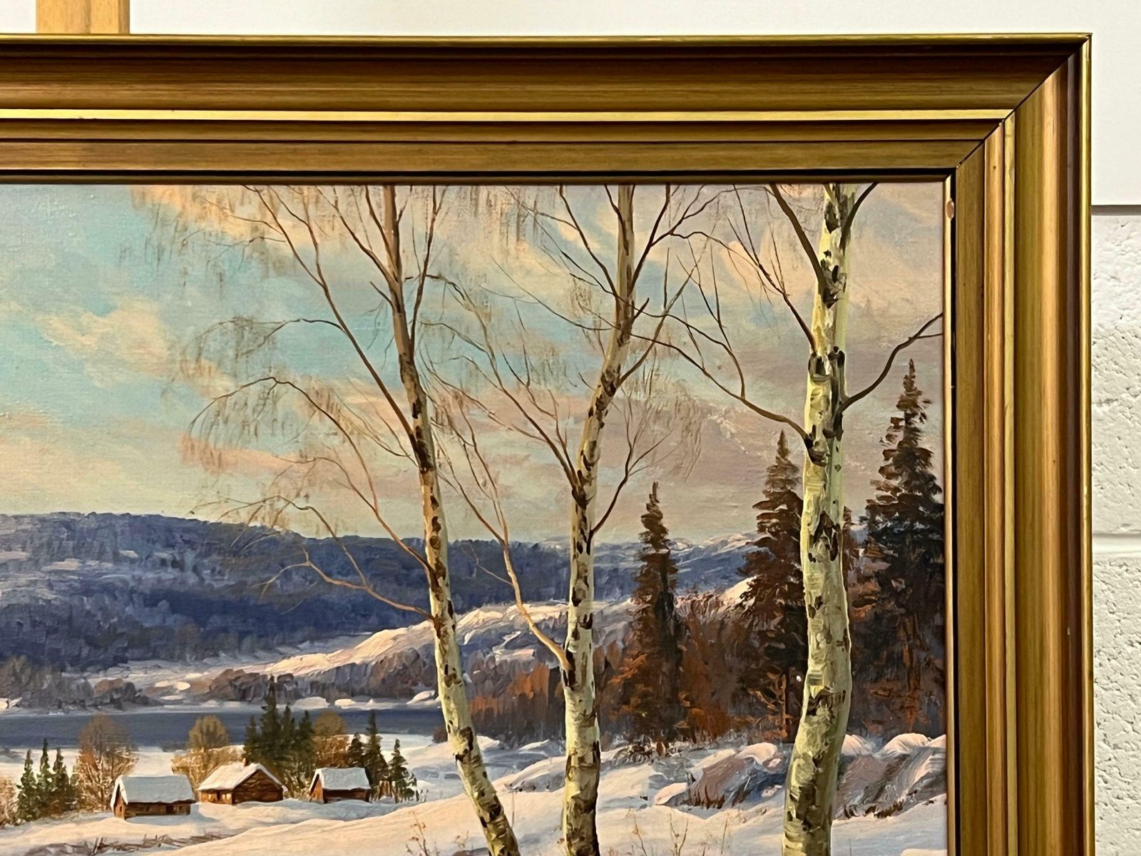 photo vintage Jens Christian Bennedsen Swedish Hamlet In A Snowy Winter Landscape With Birch Trees By Danish Artist 1950s