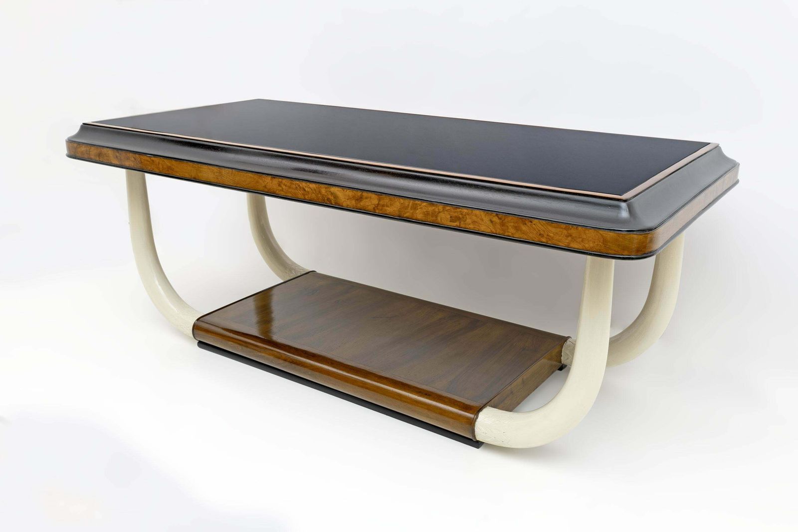 Art Deco Italian Walnut And Top Glass Table With Elephant Tusk Legs, 30s photo for sale