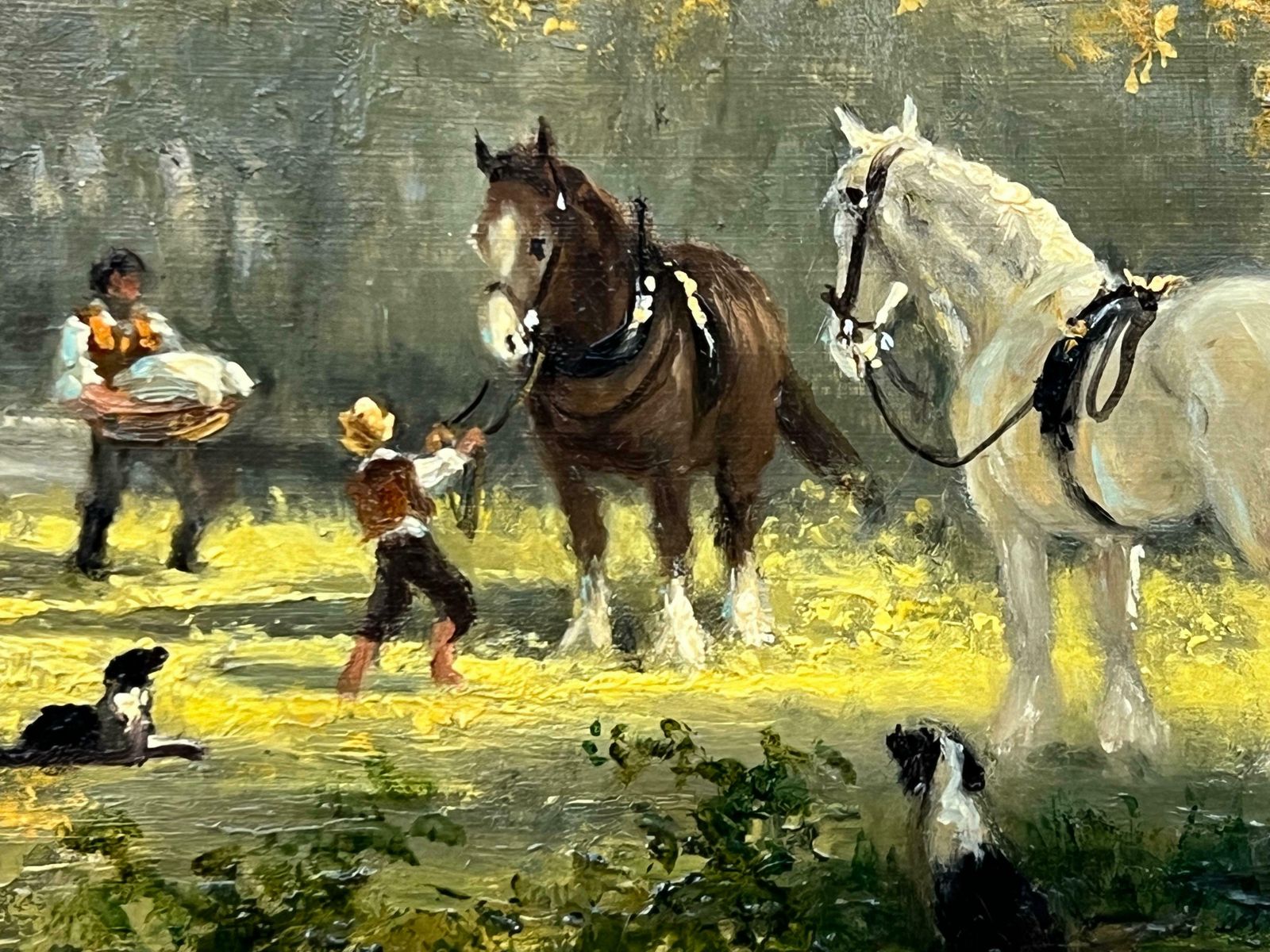 Gudrun Sibbons Idyllic Countryside Scene With River Boat, Horses, Figures & Dogs In Sunshine 1960 Circa photo 2950.0