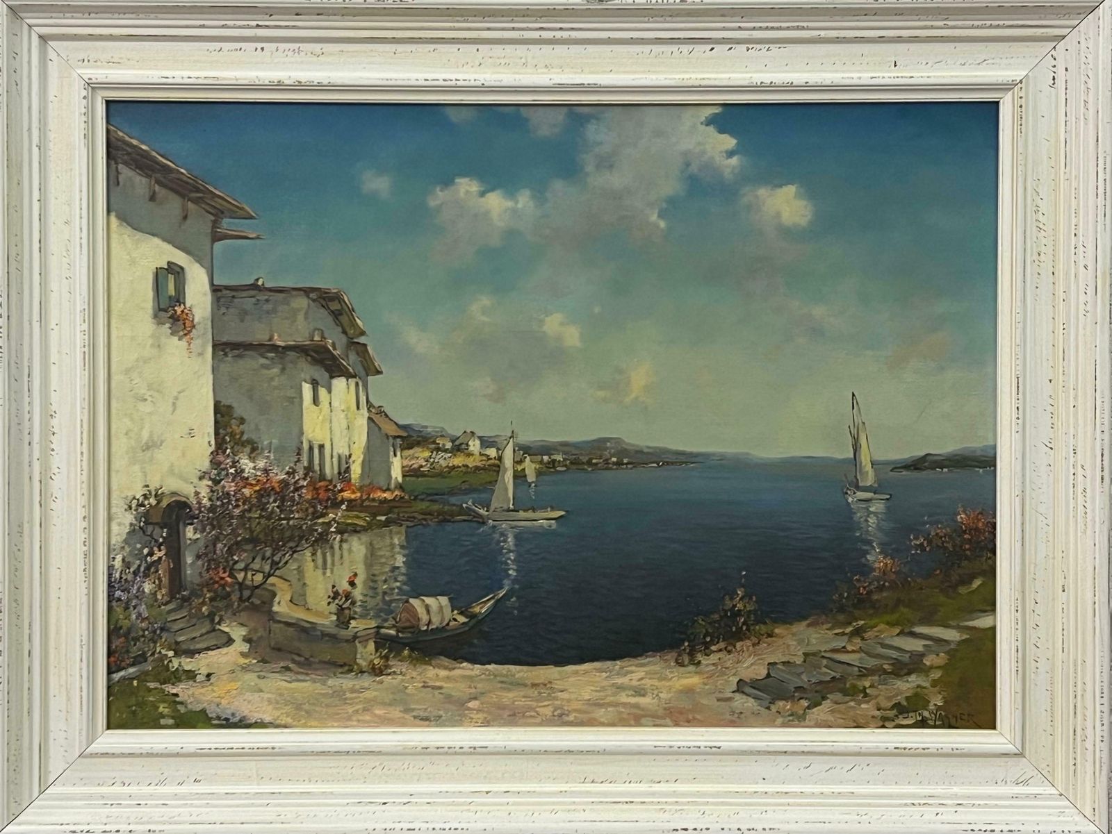 J W Wagner Mediterranean Painting Of Lake Como In Italy By 20th Century American Artist 1955 Circa