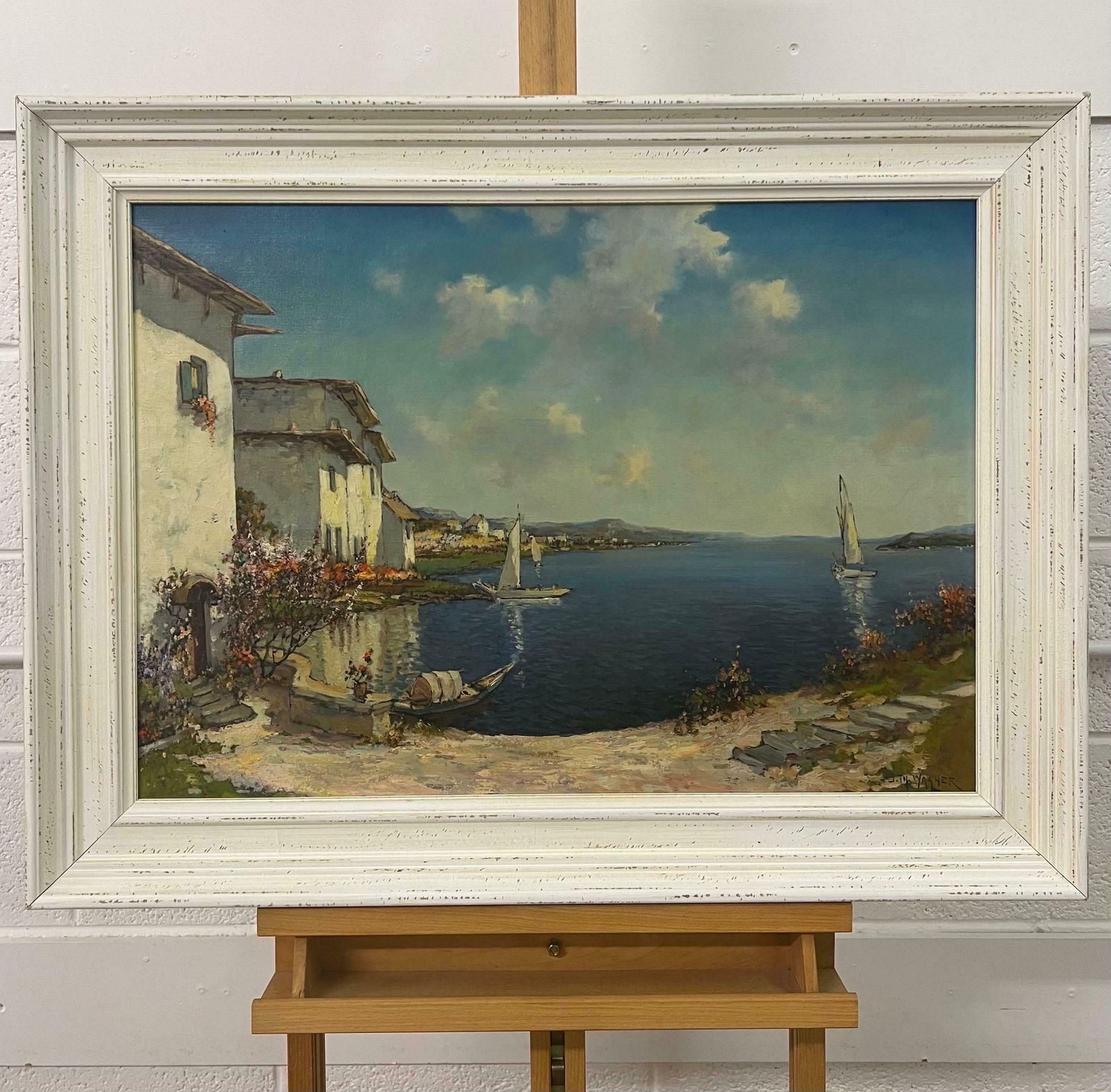J W Wagner Mediterranean Painting Of Lake Como In Italy By 20th Century American Artist 1955 Circa photo for sale