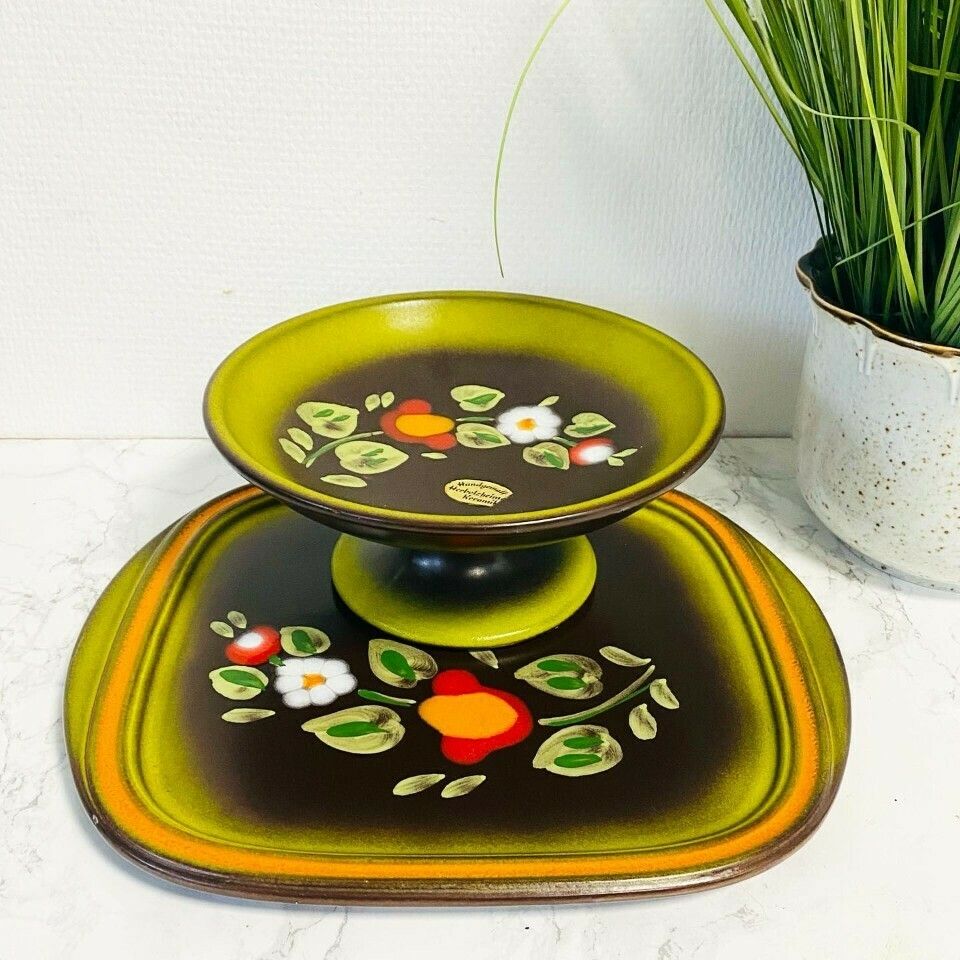 Retro Herbolzheim Keramik Etagère And Cake Dish Green photo for sale