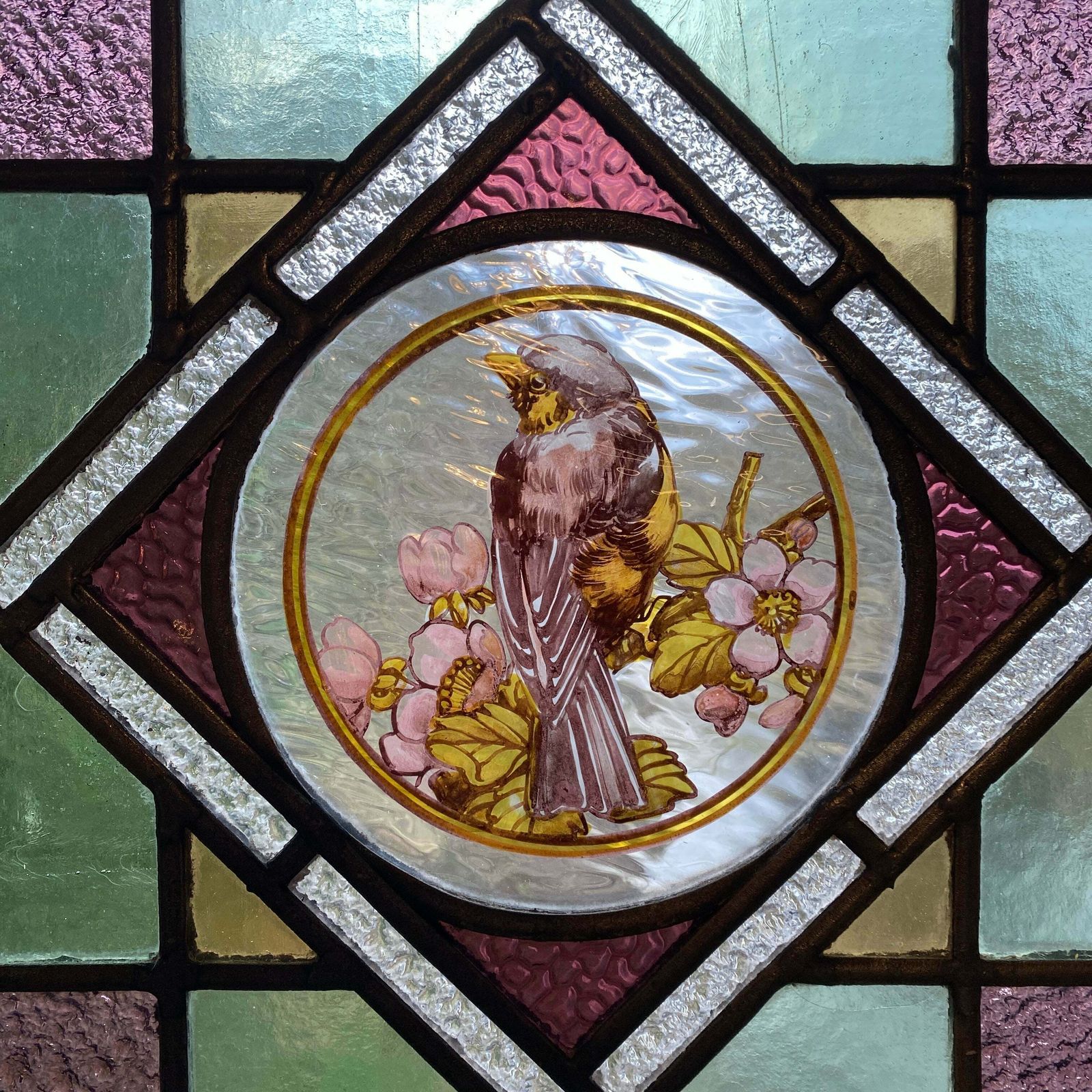 Victorian English Leaded Stained Glass Birds Flowers #1 photo vintage