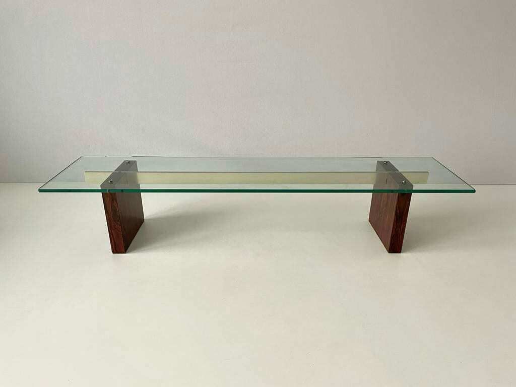 Mid Century Modern Minimalist Thick Glass Top Living Room Table With Wood Legs, 1960s