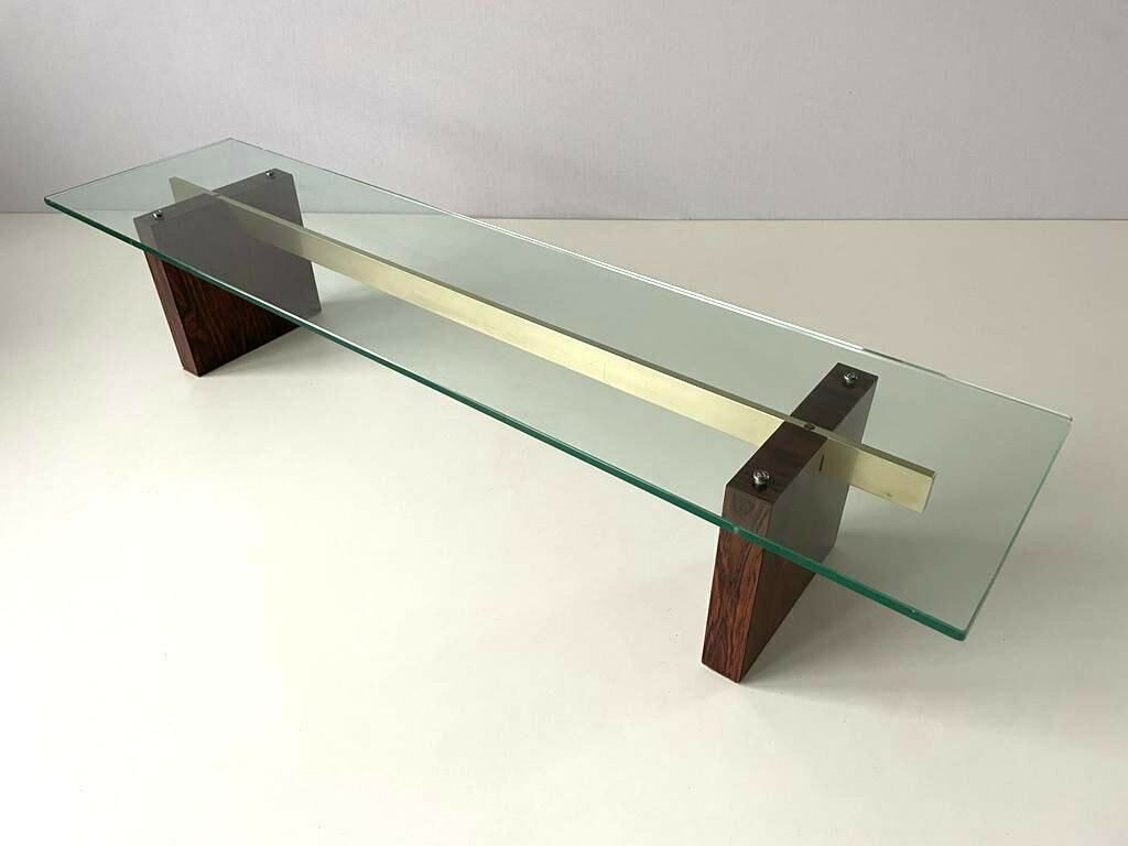 Mid Century Modern Minimalist Thick Glass Top Living Room Table With Wood Legs, 1960s photo for sale