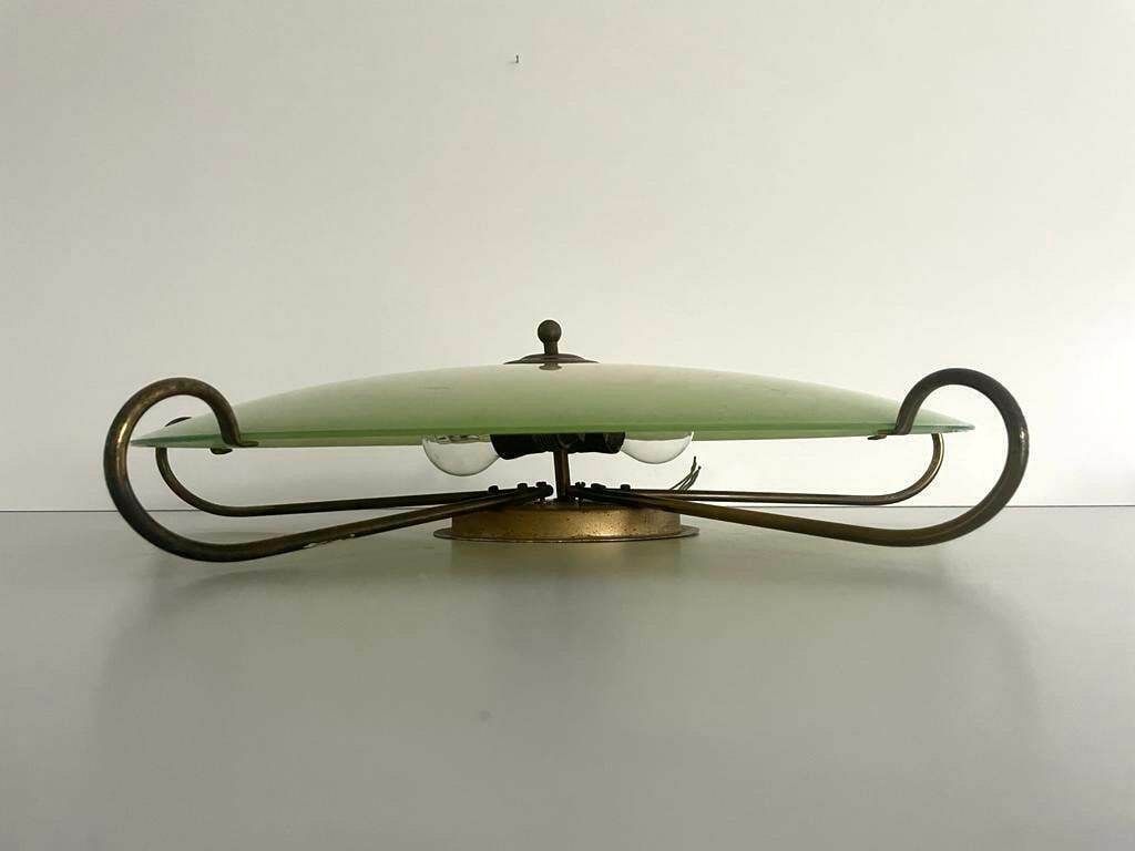 Mid Century Ufo Design Green Glass And Gold Metal Flush Mount Ceiling Lamp, 1950s, Germany photo 1057.0