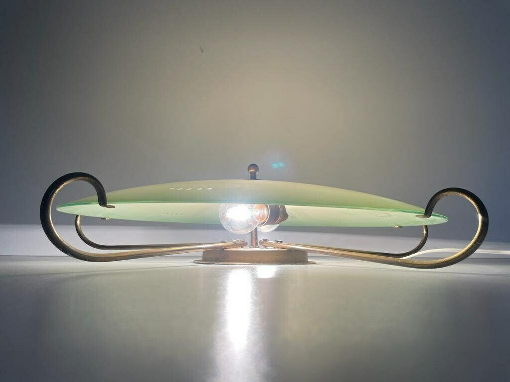 Mid Century Ufo Design Green Glass And Gold Metal Flush Mount Ceiling Lamp, 1950s, Germany photo vinterior