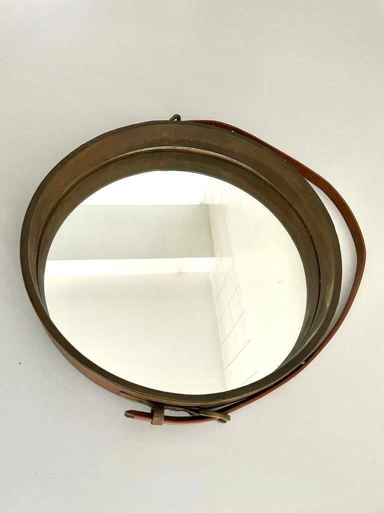 Italian Round Leather Wall Mirror With Leather Strap, 1960s, Italy photo furniture