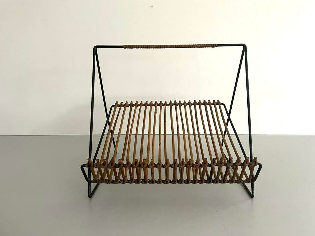 Mid Century Black Metal And Rattan Magazine   Newspaper Stand, 1950s, Italy photo for sale