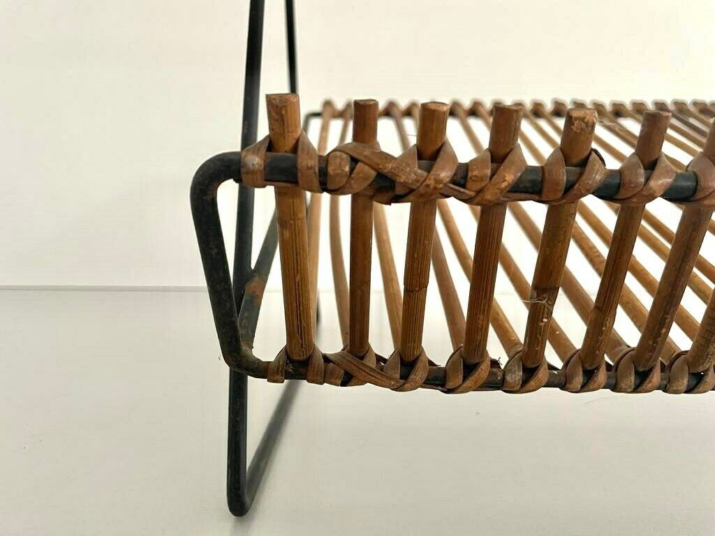 Mid Century Black Metal And Rattan Magazine   Newspaper Stand, 1950s, Italy photo vinterior