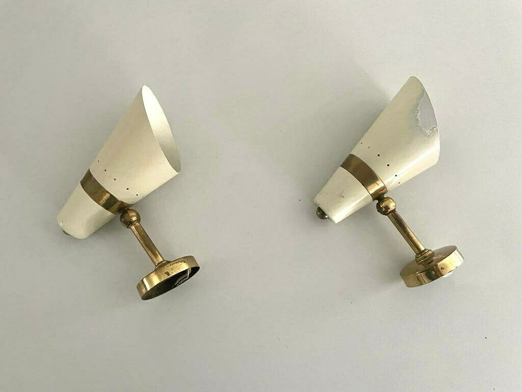 Worn Cream Metal And Brass Body Italian Design Pair Of Sconces, In Style Of Stilnovo, 1950s, Italy photo 811.0