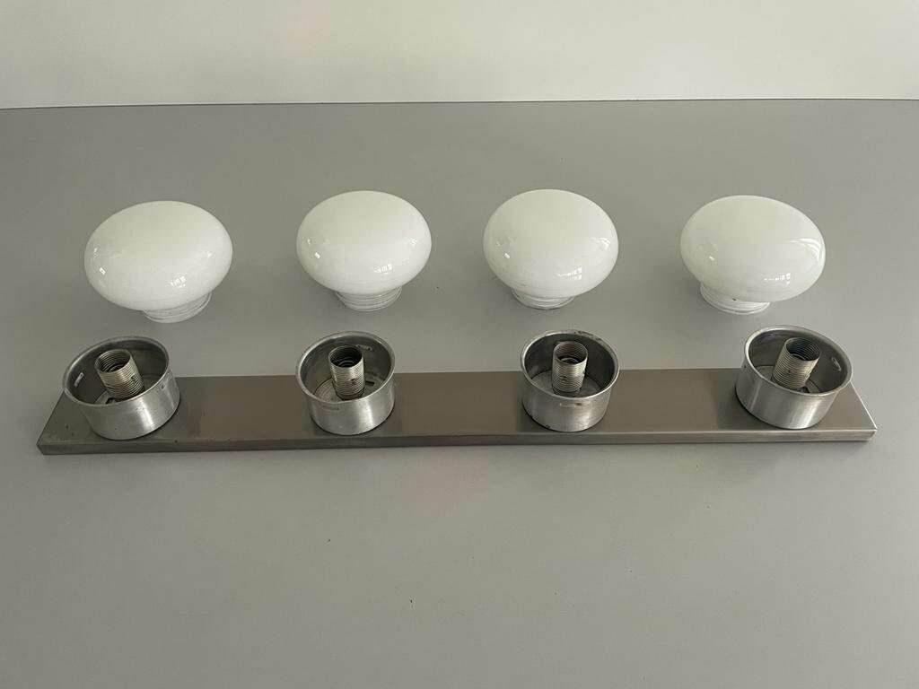 photo for sale 4 Opaline Glass Shade And Metallic Gray Base Flush Mount Ceiling Lamp, 1970s, Italy