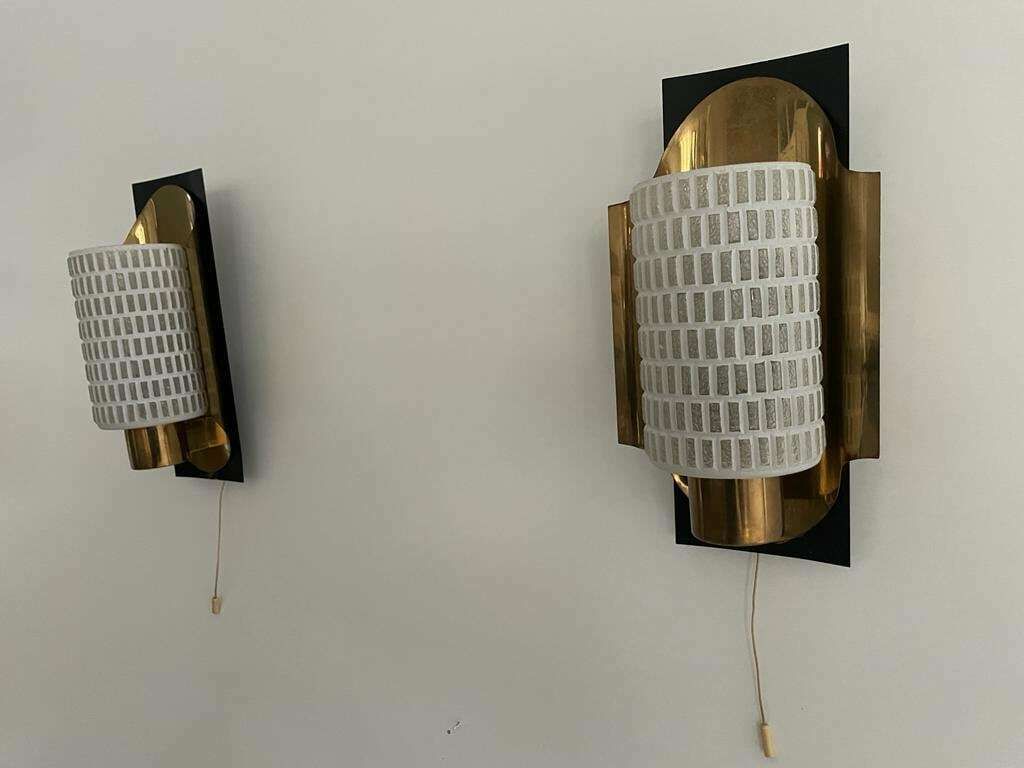 Mid Century Textured Glass & Brass Pair Of Sconces, 1950s, Germany