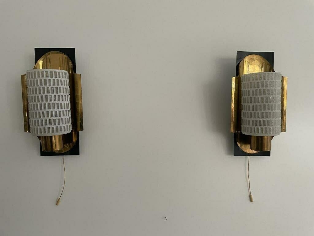 Mid Century Textured Glass & Brass Pair Of Sconces, 1950s, Germany photo Lighting