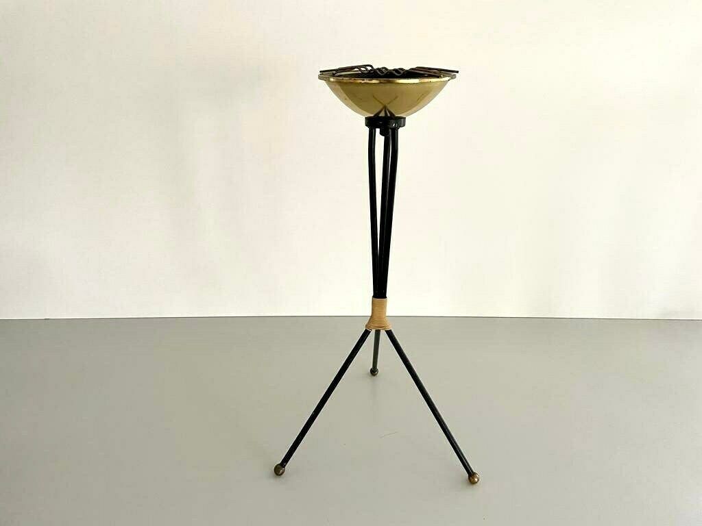 Italian Black Body   Gold Top Metal Elegantly Designed Self Standing Tripod Ashtray   1950s, Italy