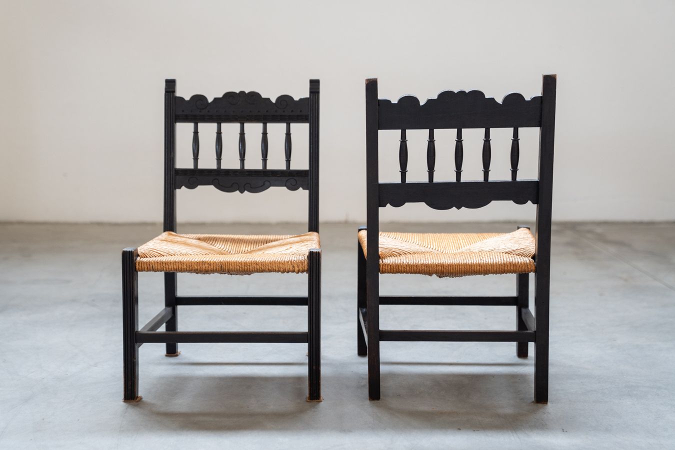 2 Low Chamber Chairs In Hand Woven Rice Straw, 1950s/1960s
