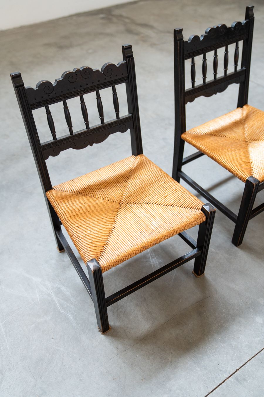 2 Low Chamber Chairs In Hand Woven Rice Straw, 1950s/1960s photo vintage