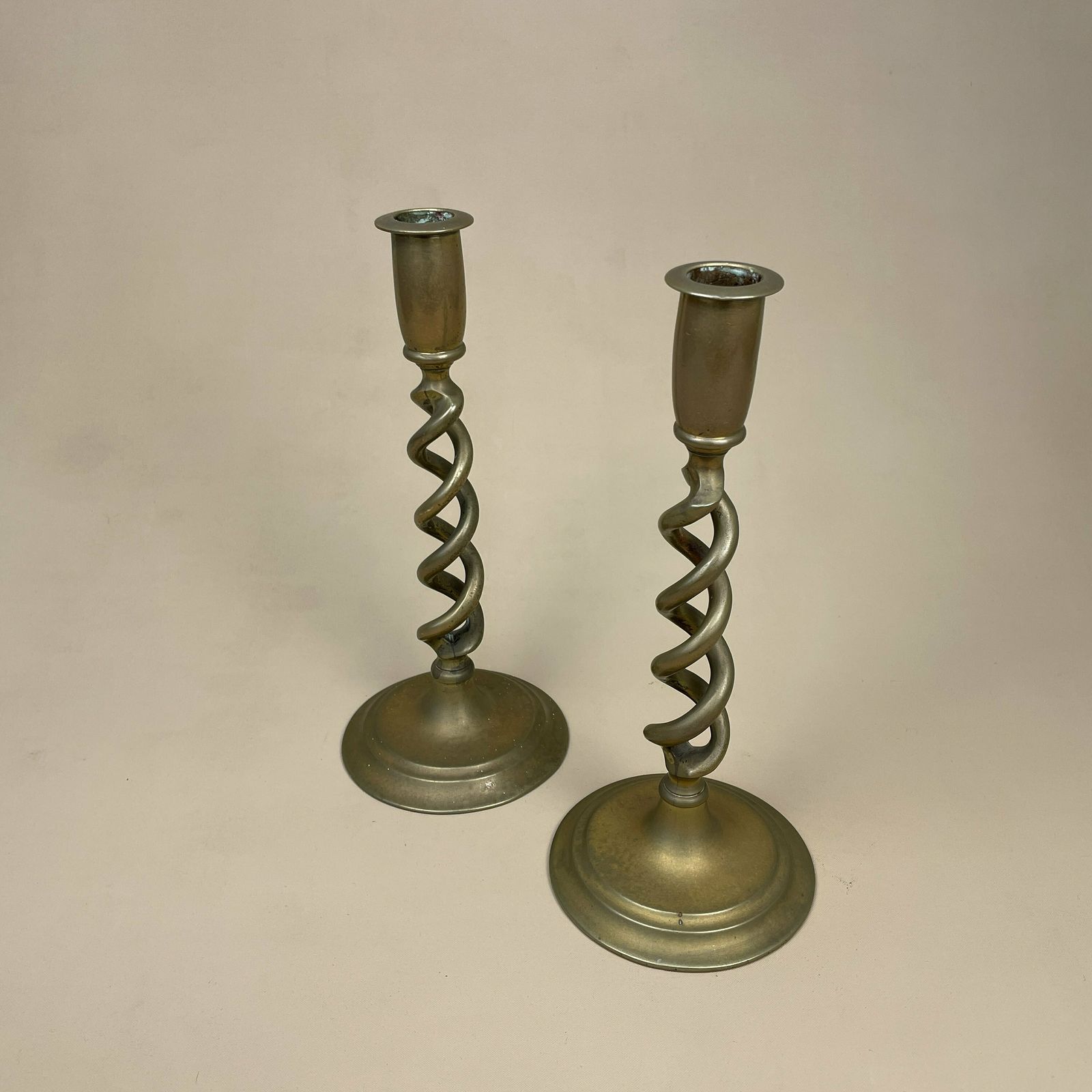 Antique Matching Pair Of Twisted Gold Solid Brass Metal Candlestick Candle Stick Heavy Vintage Column Taper Dinner Candlesticks Twist photo buy