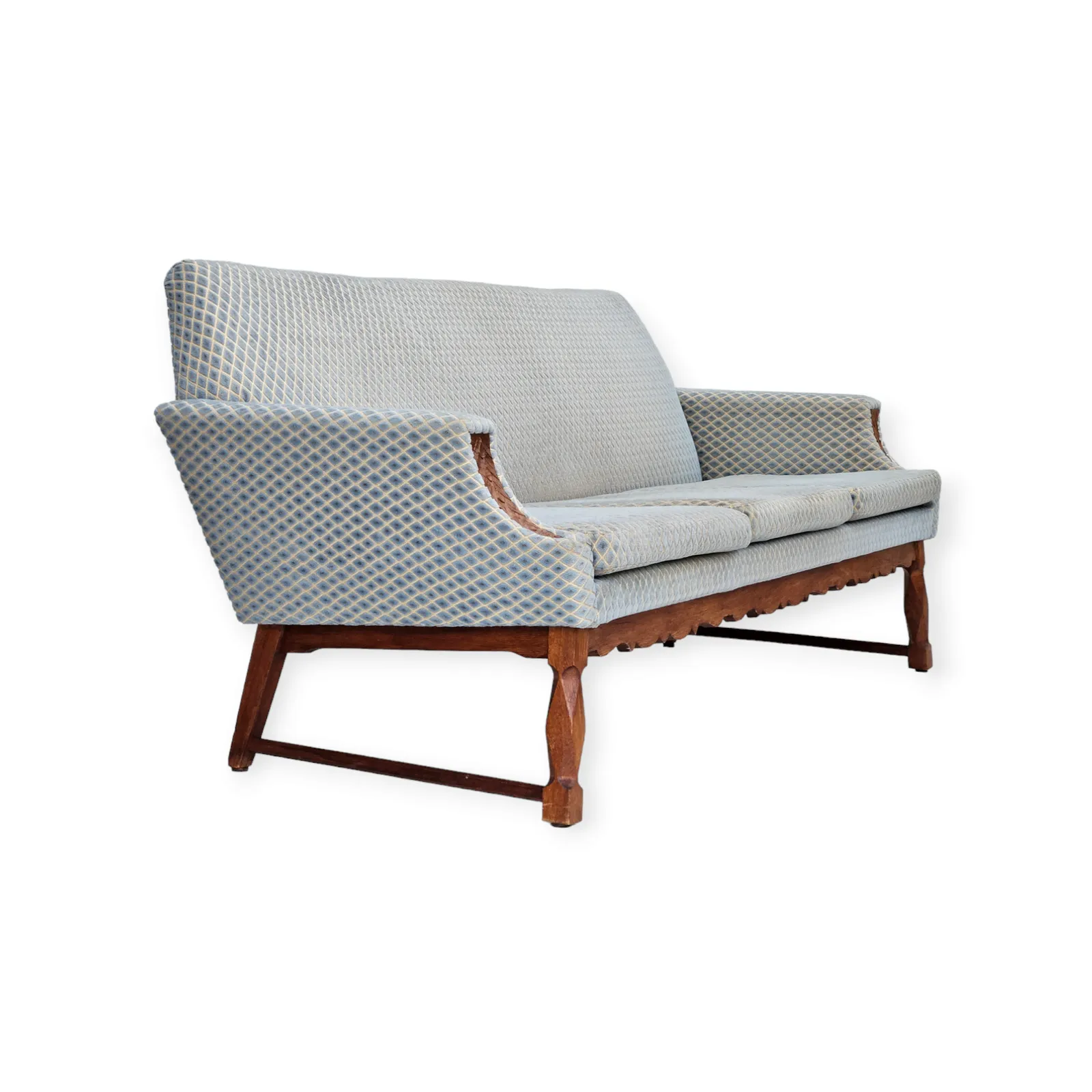 1970s, Danish 3 Seater Sofa, Original Good Condition, Velour, Oak Wood.
