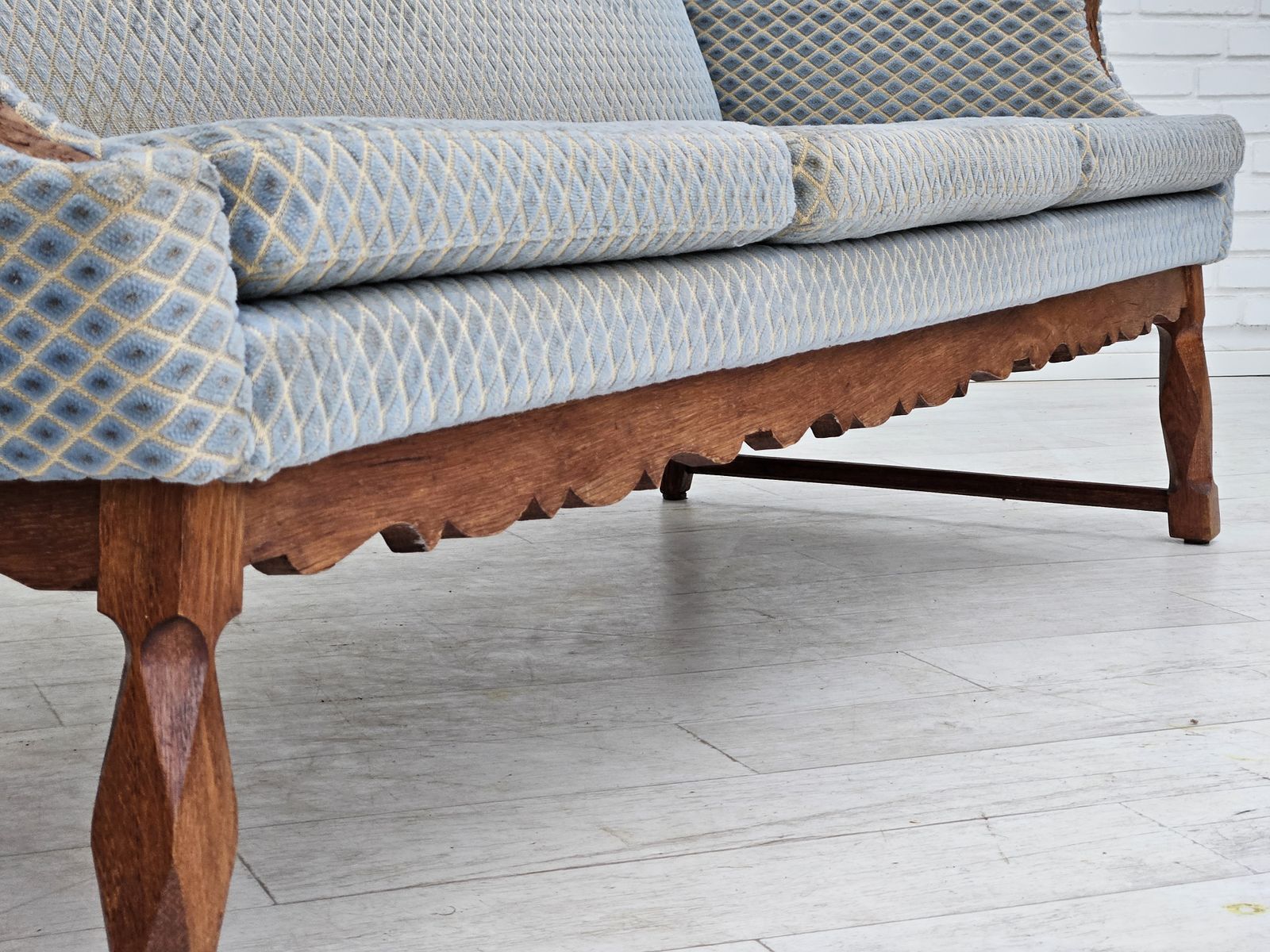 Furniture 1970s, Danish 3 Seater Sofa, Original Good Condition, Velour, Oak Wood. photo