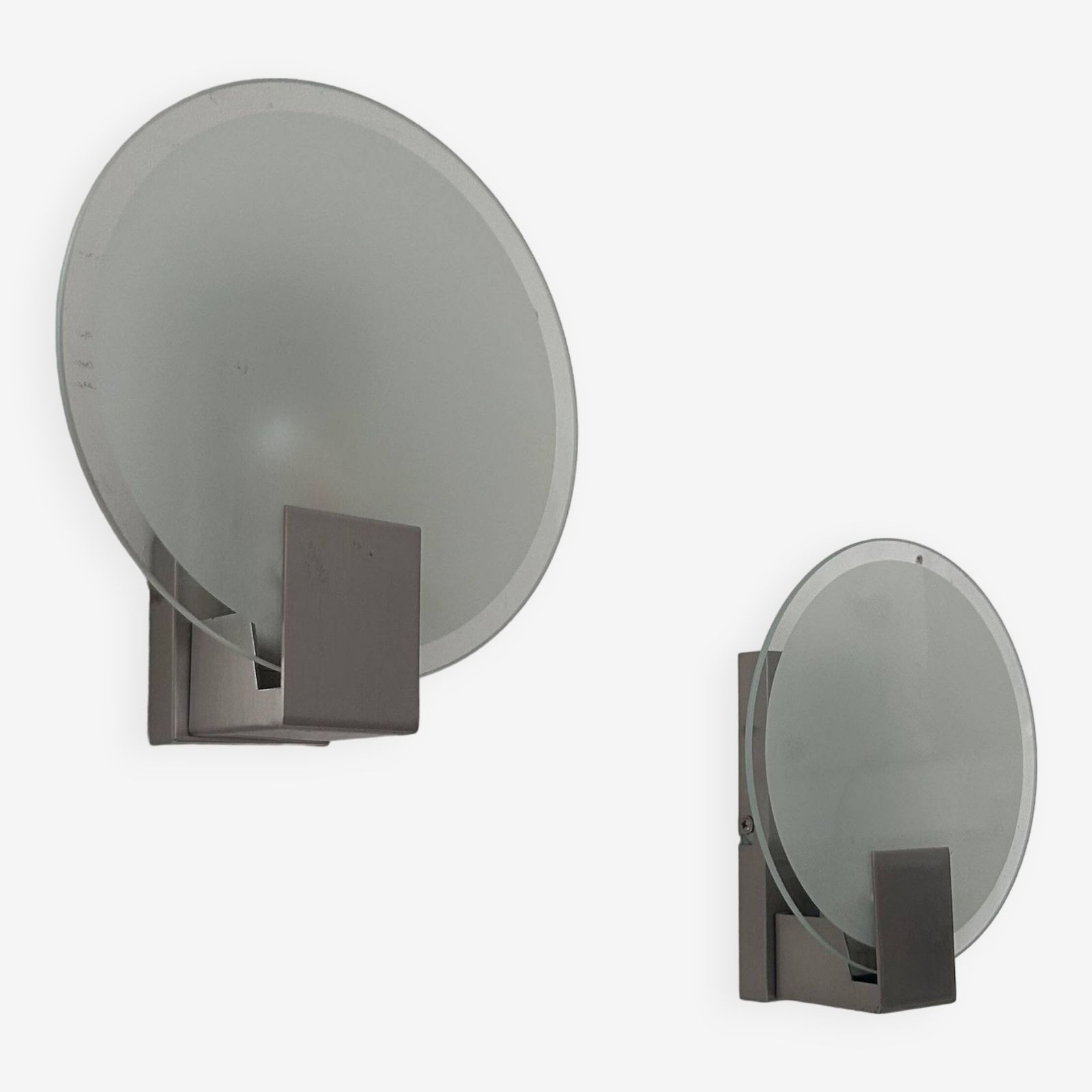 Pair Of Vintage Round Wall Lights, Chrome And Sandblasted Glass, France 1980s