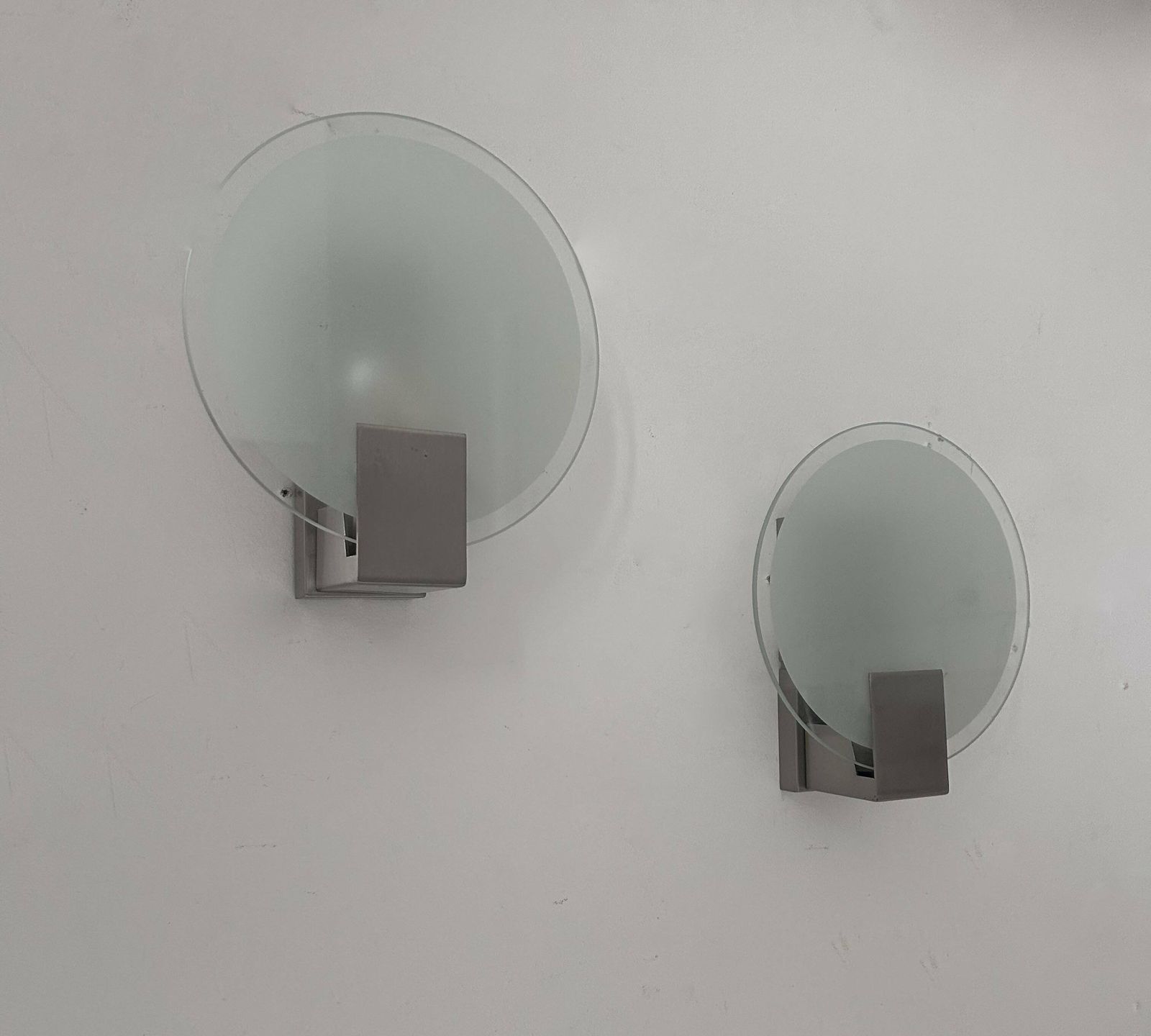 Pair Of Vintage Round Wall Lights, Chrome And Sandblasted Glass, France 1980s photo furniture
