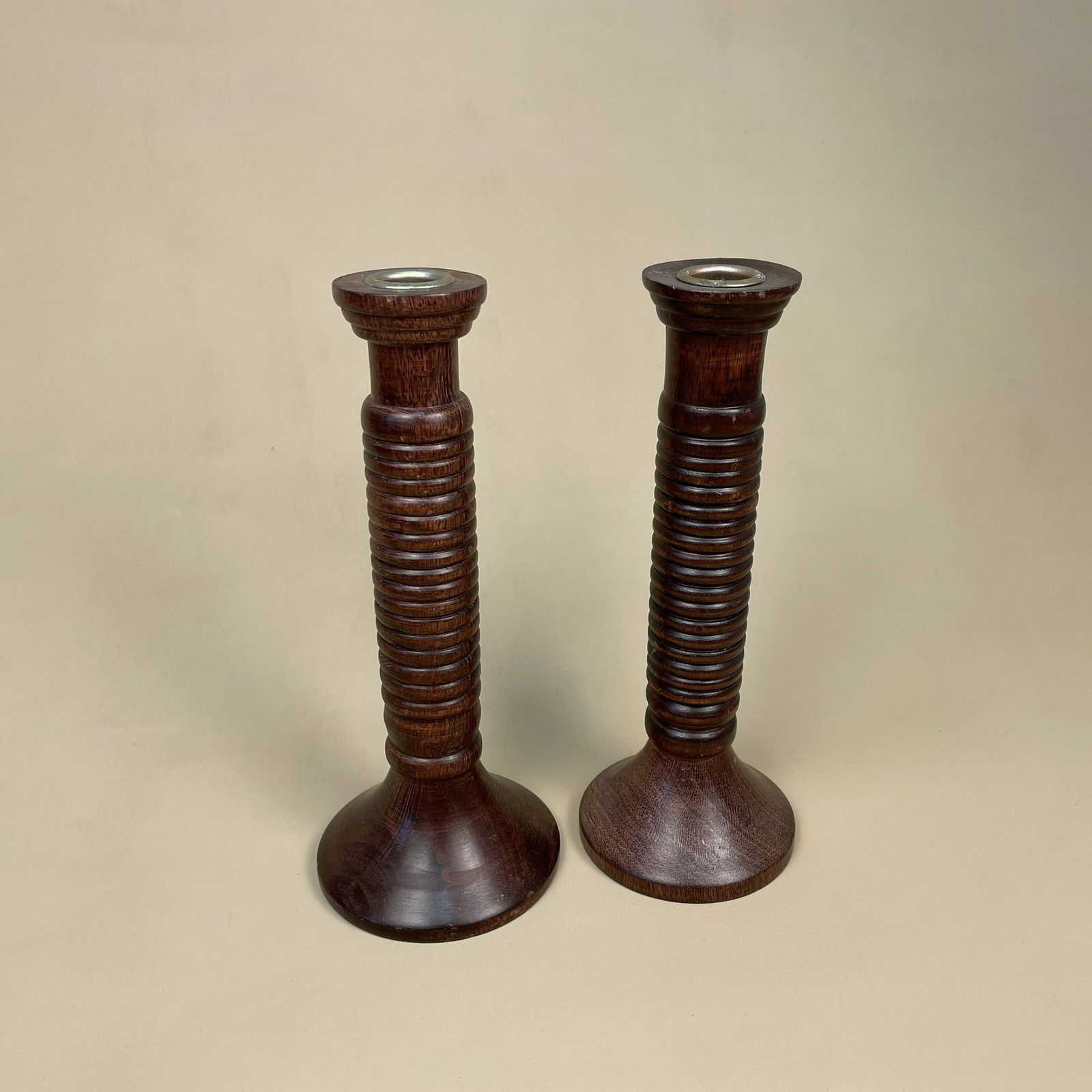Antique Matching Pair Of Wooden Gold Brass Candlestick Candle Stick Vintage Dinner Candlesticks Lamp Wood Ornate Patter Ribbed Striped photo 60.0