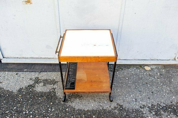 Wooden Bar Trolley In Enamel Metal 1950s photo for sale