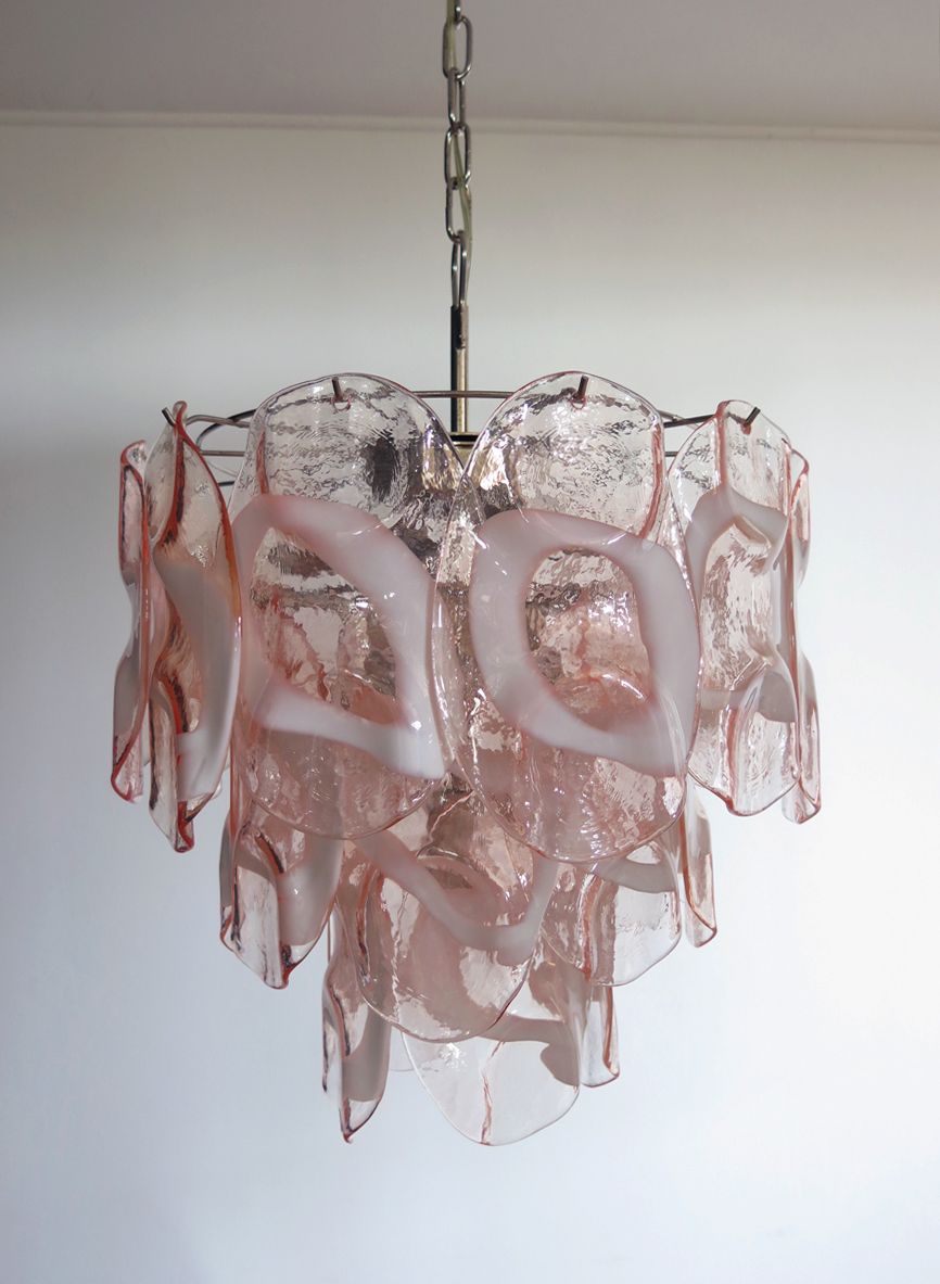 1970’s Vintage Italian Murano Chandelier Lamp In Vistosi Style 23 Pink Glasses photo vinterior