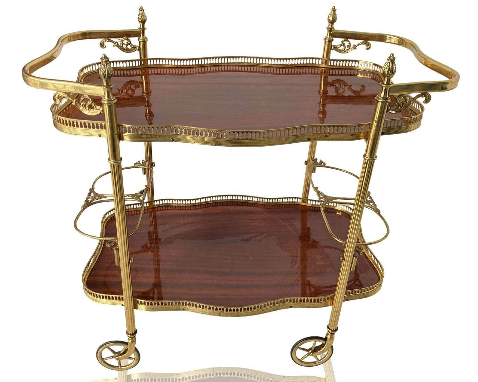 Brass Wood Bar Cart | Neoclassical Leaf Shaped! | Teak Wood And Removable Trays | Ca 1950s