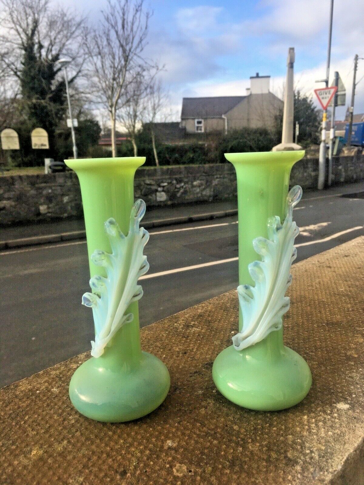 Pair Of Antique 19th C Bohemian Applied Vaseline Leaf Jade Glass Bud Vases Czech