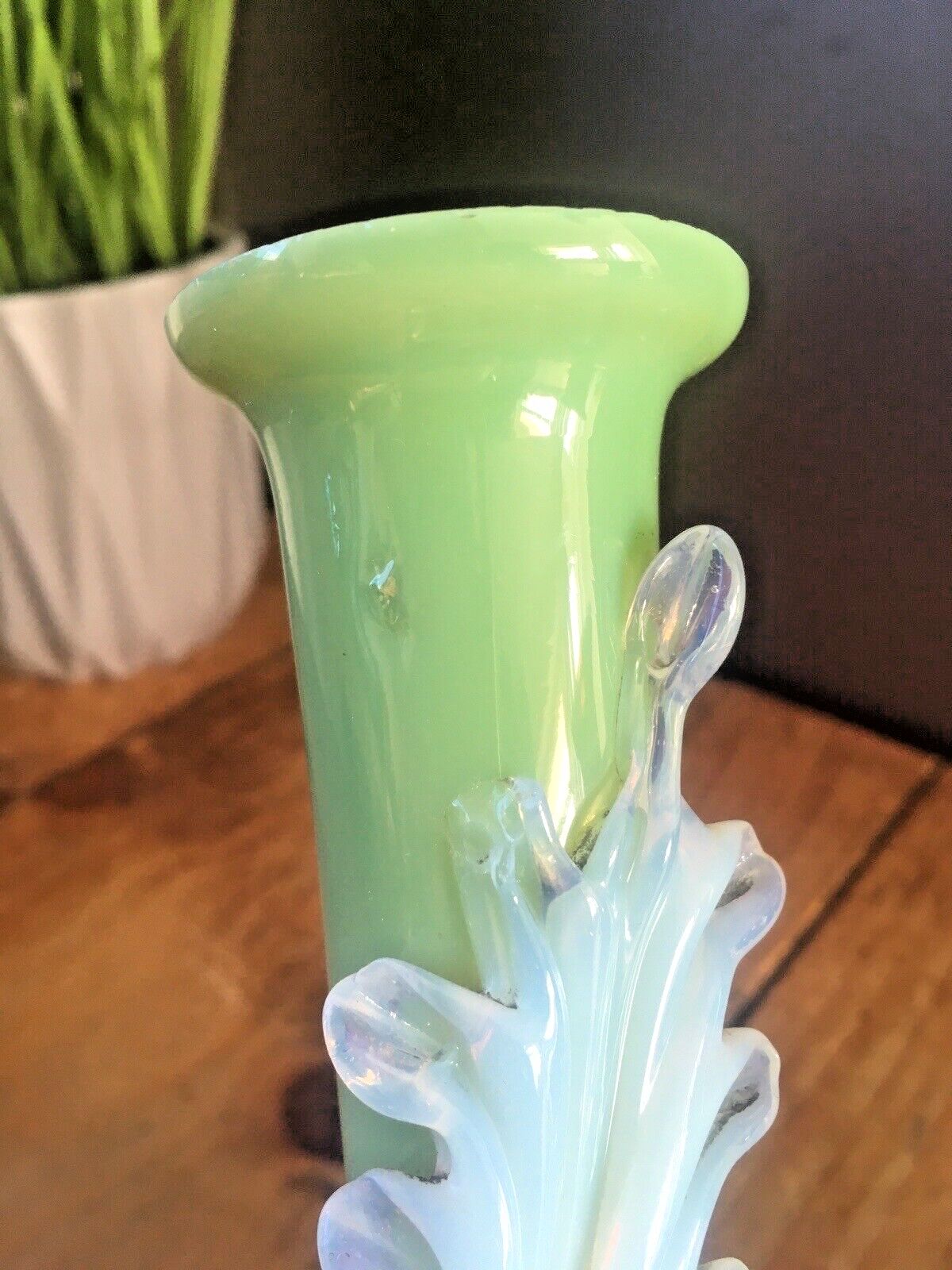Pair Of Antique 19th C Bohemian Applied Vaseline Leaf Jade Glass Bud Vases Czech photo buy