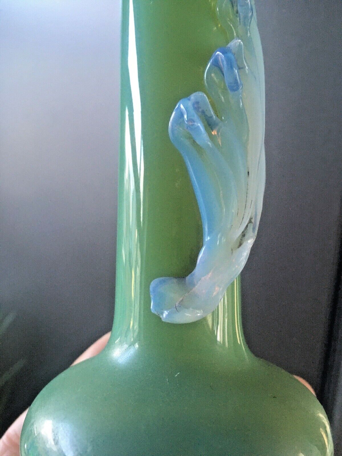 Pair Of Antique 19th C Bohemian Applied Vaseline Leaf Jade Glass Bud Vases Czech photo vintage