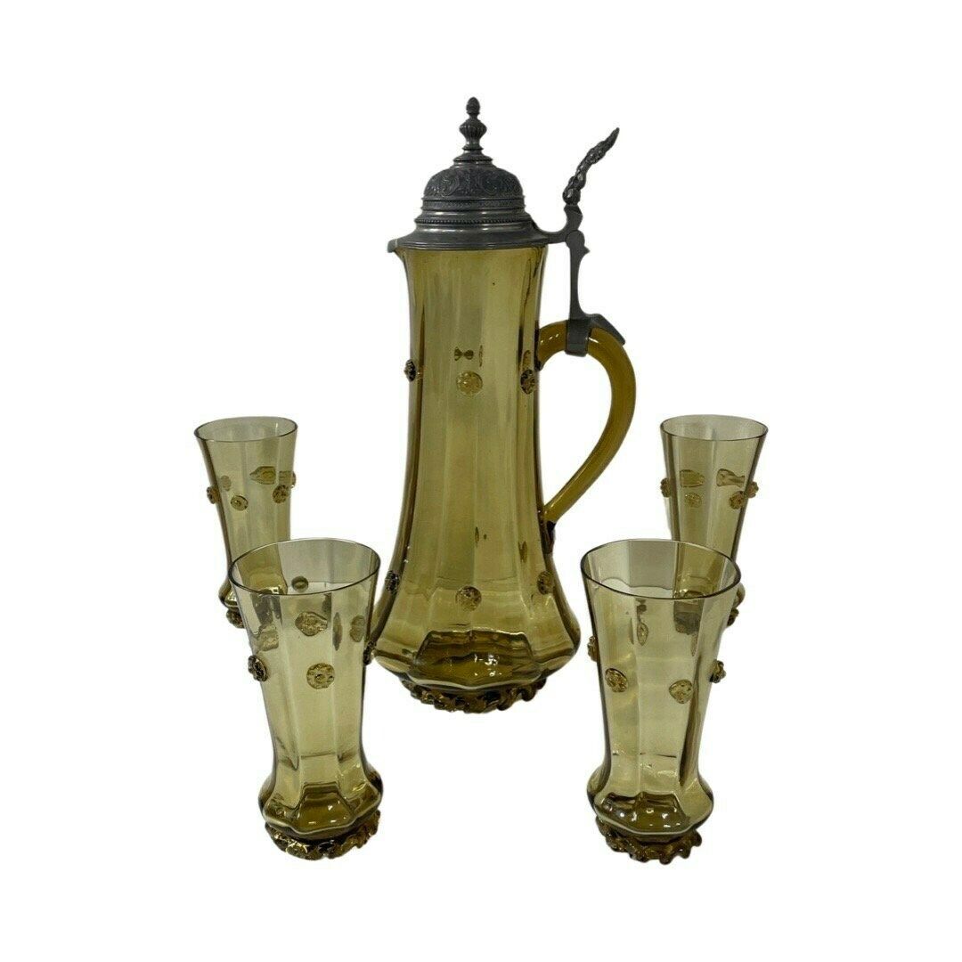 Gebruder Thanhausen Munchen / Theresienthaler Cristallglasfabrik   Antique Stein / Jug / Pitcher Including 4 Glasses   Pewter Lid   German