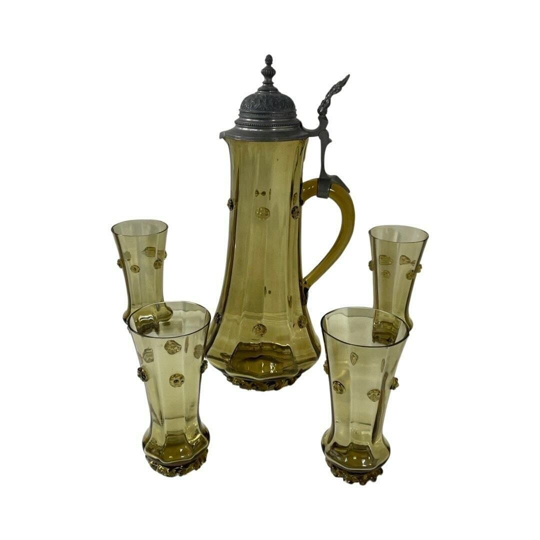 photo for sale Gebruder Thanhausen Munchen / Theresienthaler Cristallglasfabrik   Antique Stein / Jug / Pitcher Including 4 Glasses   Pewter Lid   German