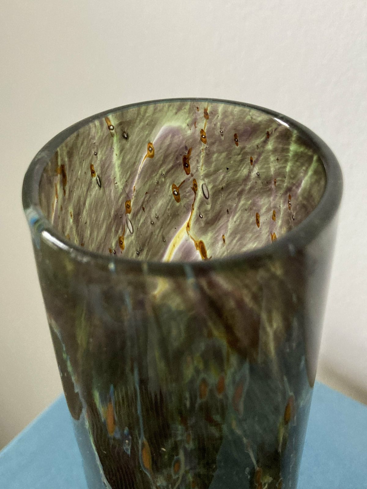 Vintage Spotted Hand Blown Art Green Glass Vase photo buy