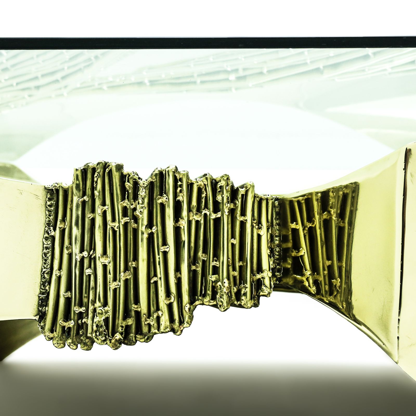Vintage Brutalist Polished Brass Coffee Table With Glass Top By French Sculptor Santa (Claude Santarelli), 1970s photo 29950.0