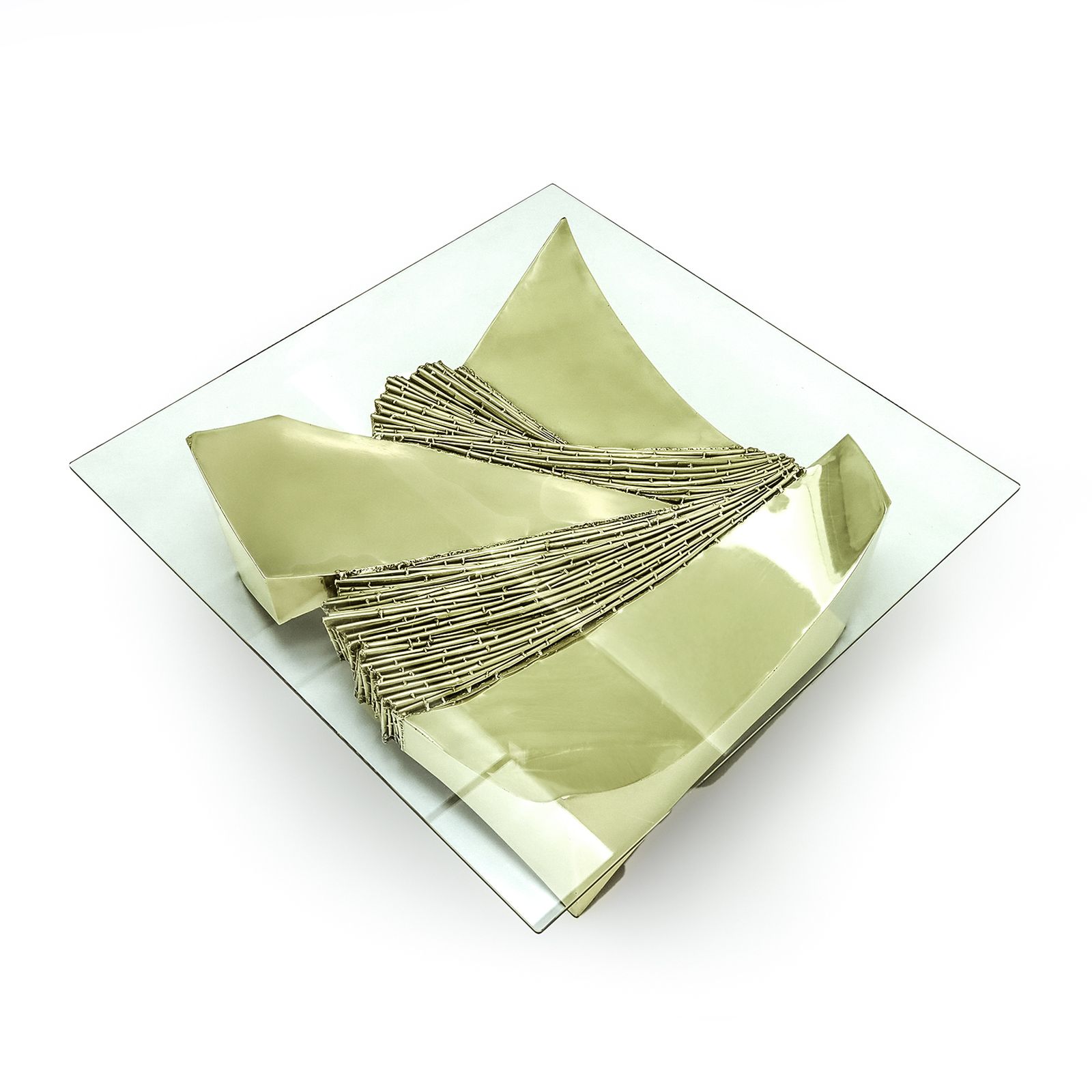Vintage Brutalist Polished Brass Coffee Table With Glass Top By French Sculptor Santa (Claude Santarelli), 1970s
