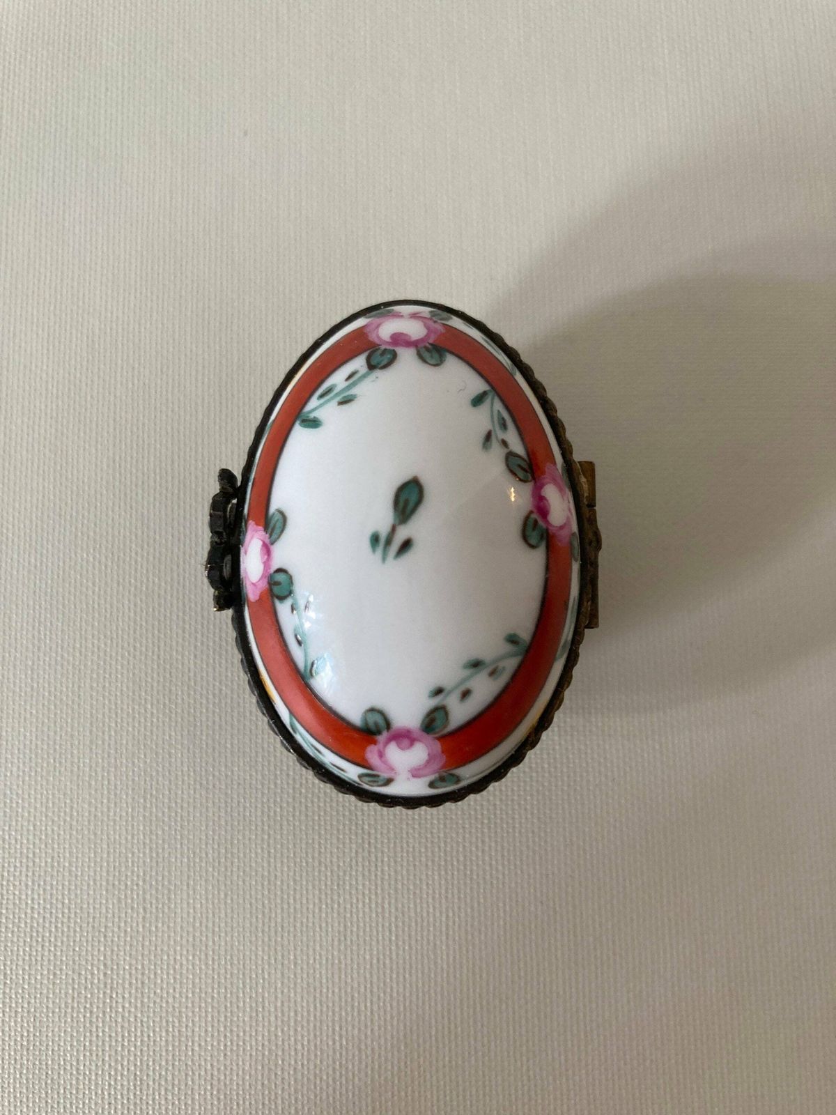 Limoges France Peint Main Porcelain Mini Trinket Jewelry Box Egg Shape Hand Painted Flowers And Leaves photo for sale
