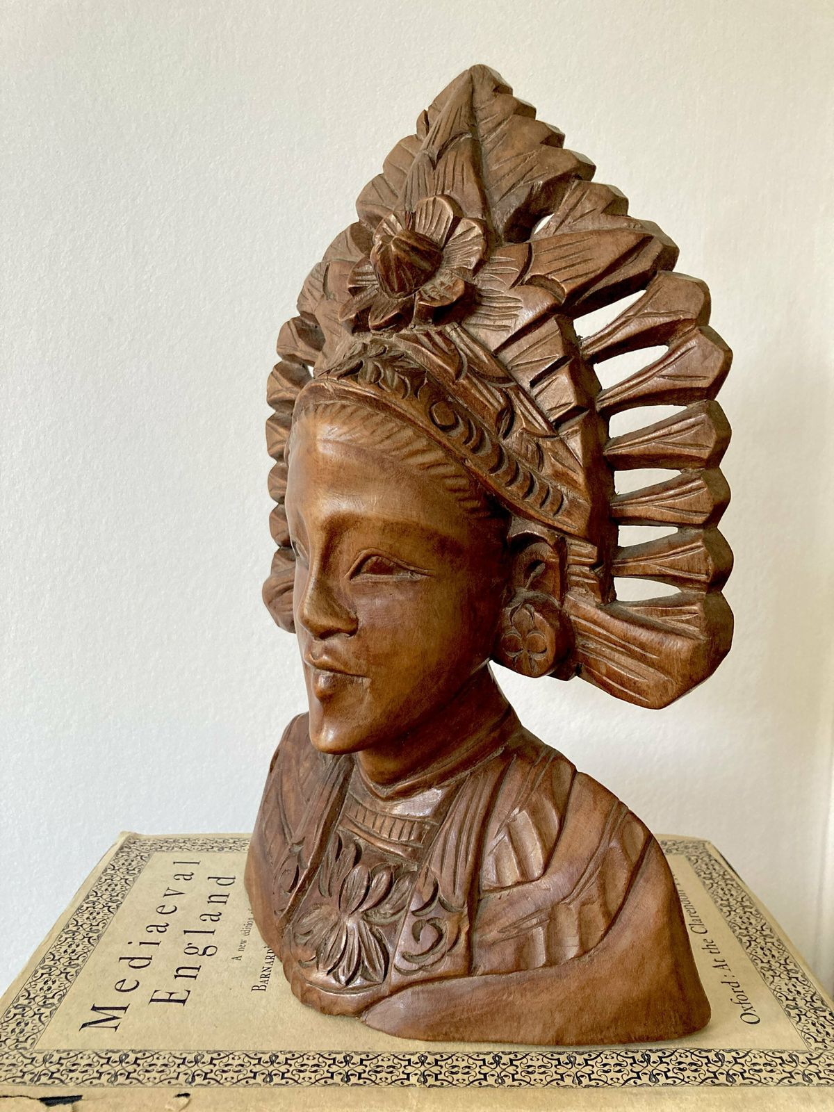 Hand Carved Wooden Bali Dancer Bust Sculpture Carved Goddess Sculpture Balinese Bust Wood Decorarive Hand Carved Bali Tribe Sculpture photo for sale