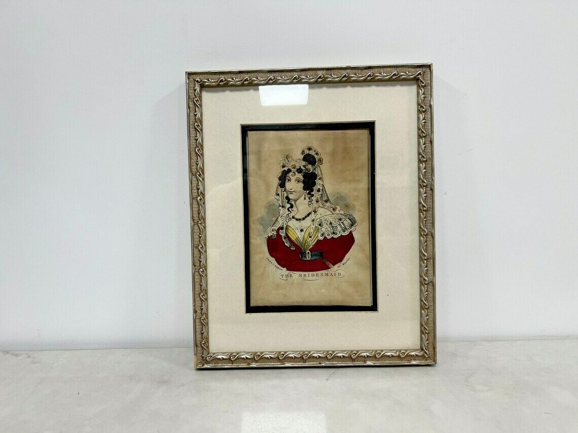 Antique 19th Century British Tinsel Print Engraving, The Bridesmaid, John Fairburn Minories London 1840, Antique Female Portrait