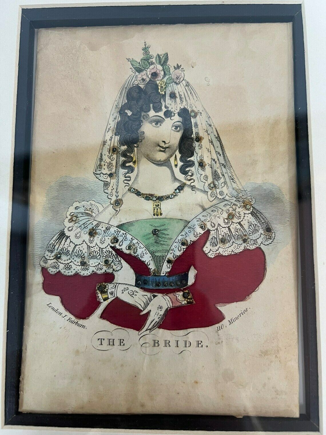 Antique 19th Century British Tinsel Print Engraving, The Bride, John Fairburn Minories London 1840, Antique Female Portrait photo furniture