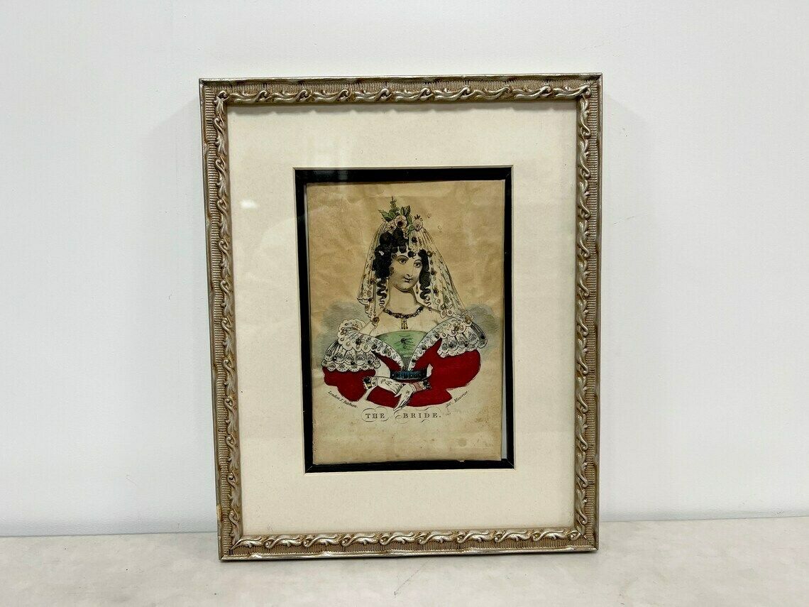 photo for sale Antique 19th Century British Tinsel Print Engraving, The Bride, John Fairburn Minories London 1840, Antique Female Portrait